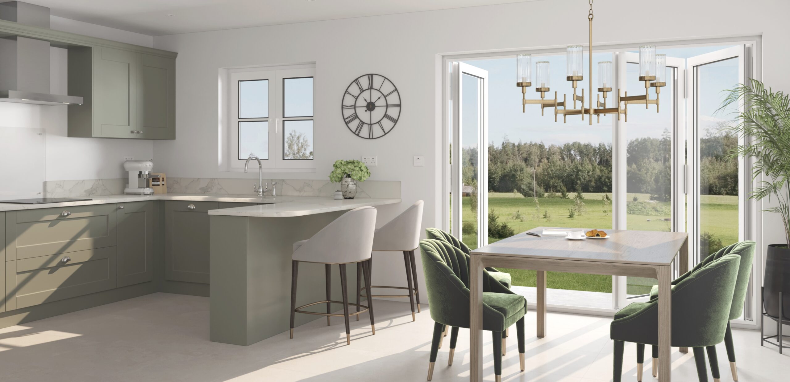 CGI of Great Maplestead's kitchen breakfast area with bi-folding doors offering a view of the countryside.