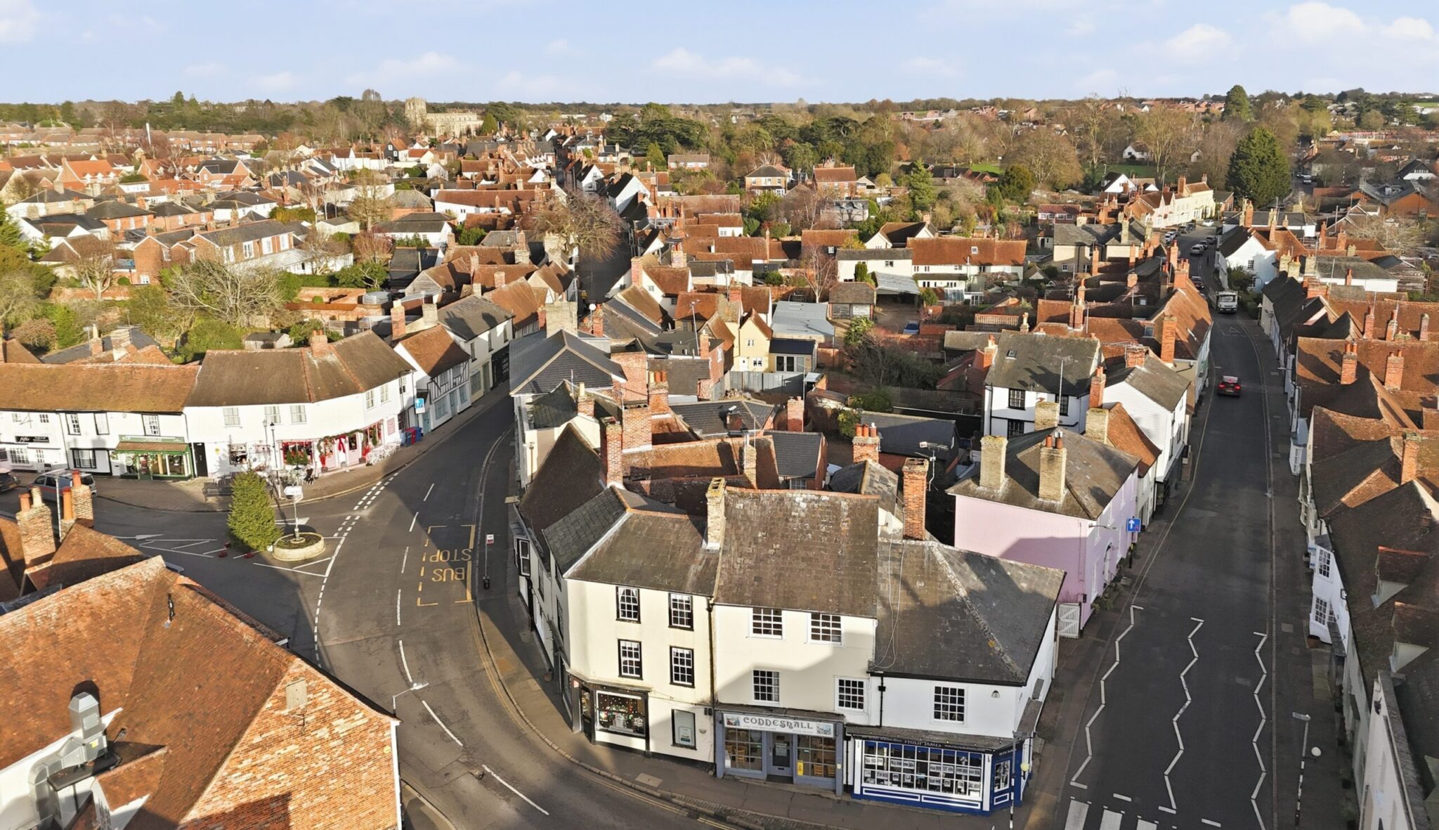 An aerial view of Coggeshall town center