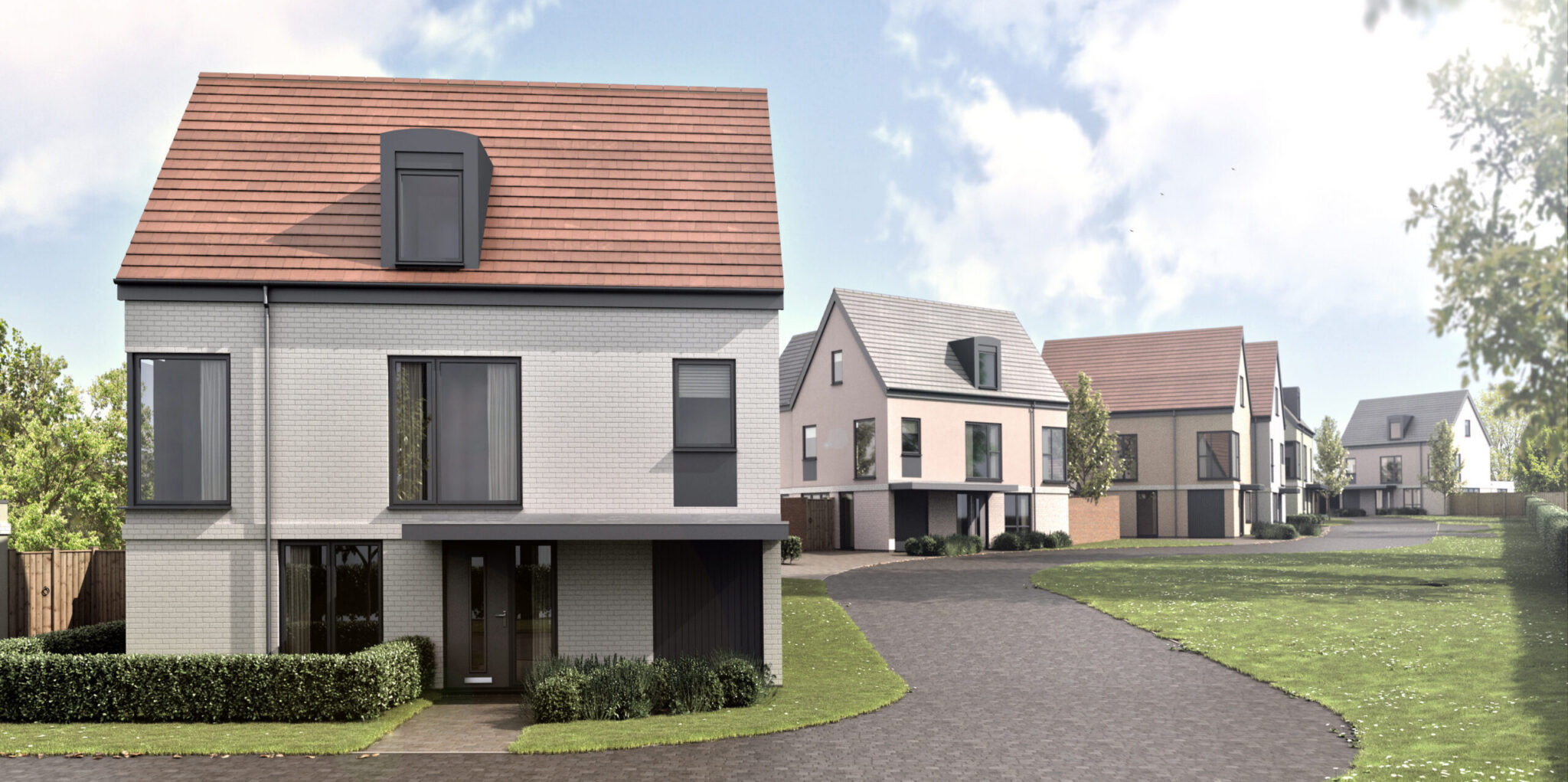 Street scene of new homes for sale development in Coggeshall, Essex