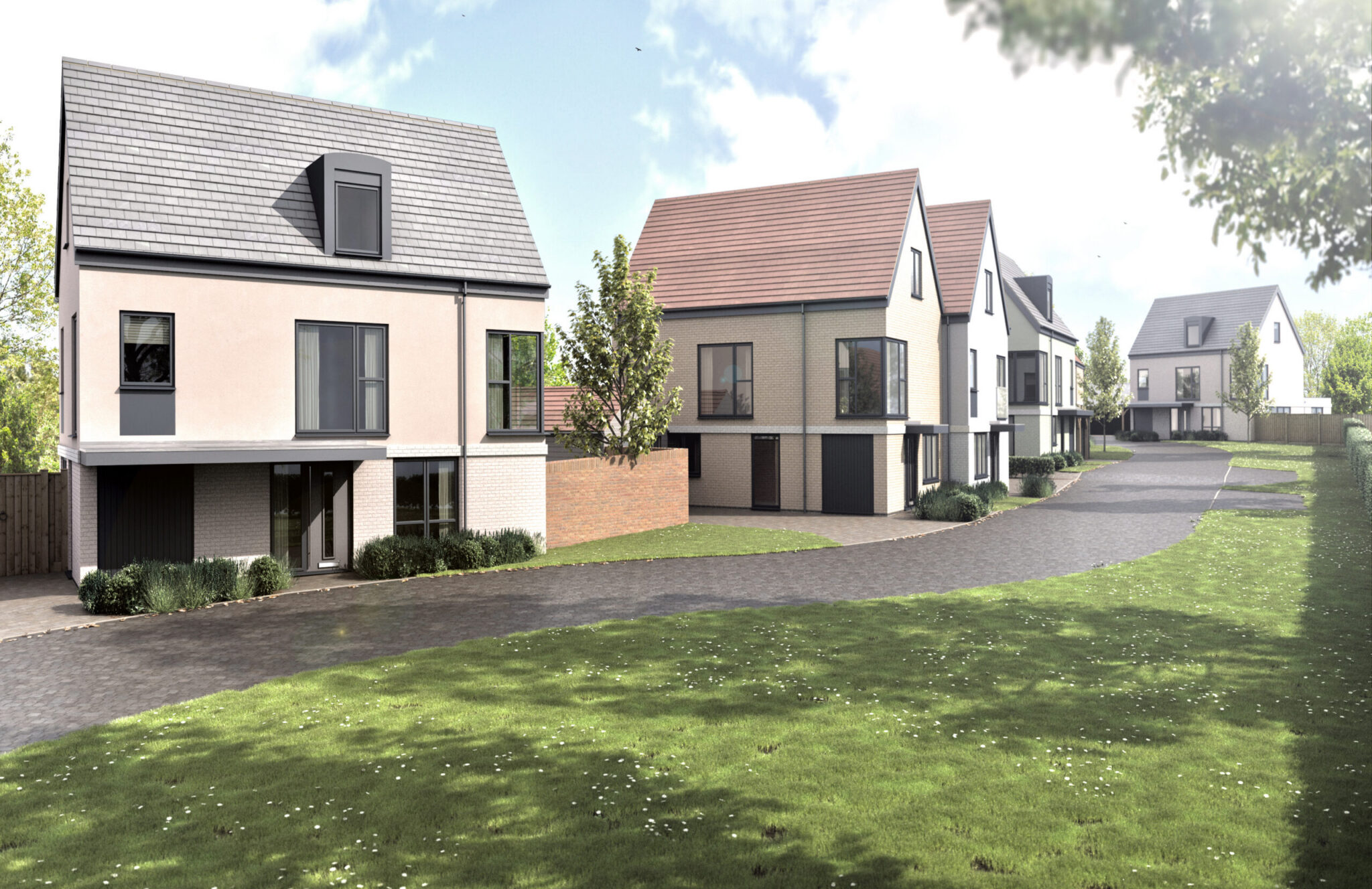 Street scene of new homes for sale in Coggeshall, Essex