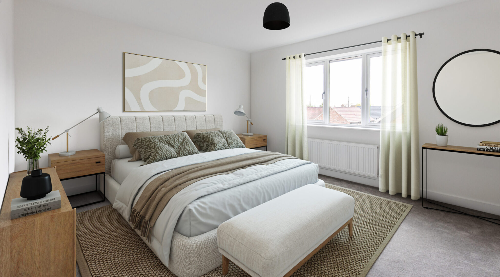 Second bedroom with double bed and large window.