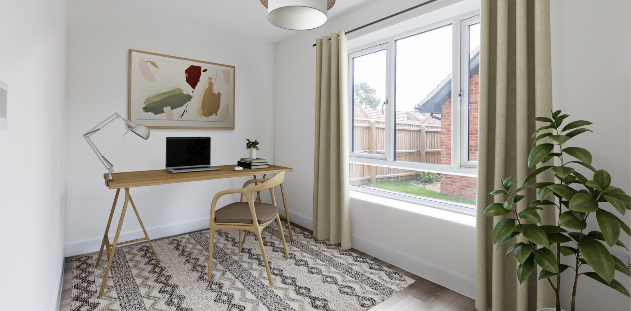 Study with small desk and large windows