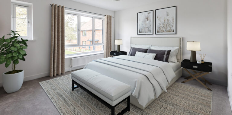 Master bedroom with king size bed and large windows for natural light.